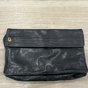Vintage Christian Dior Black Leather Clutch Purse Evening Bag Handbag